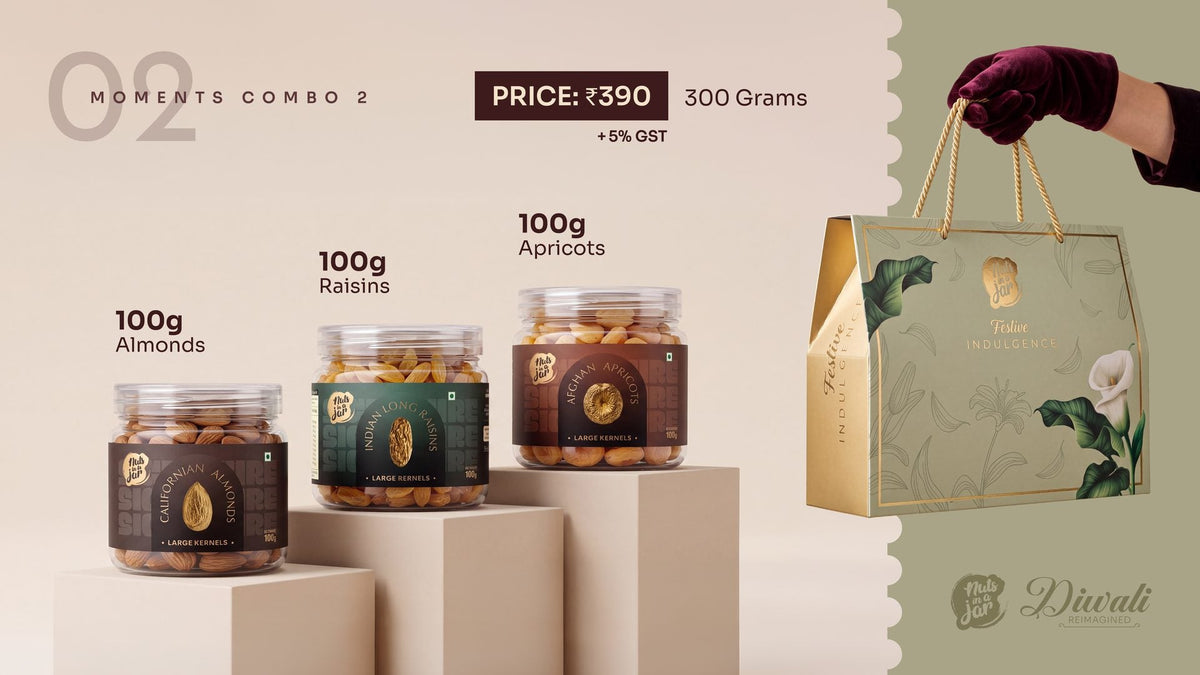 Moments Combo 2 — three 100 g jars beside the sage gift bag