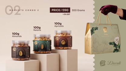 Moments Combo 2 — three 100 g jars beside the sage gift bag