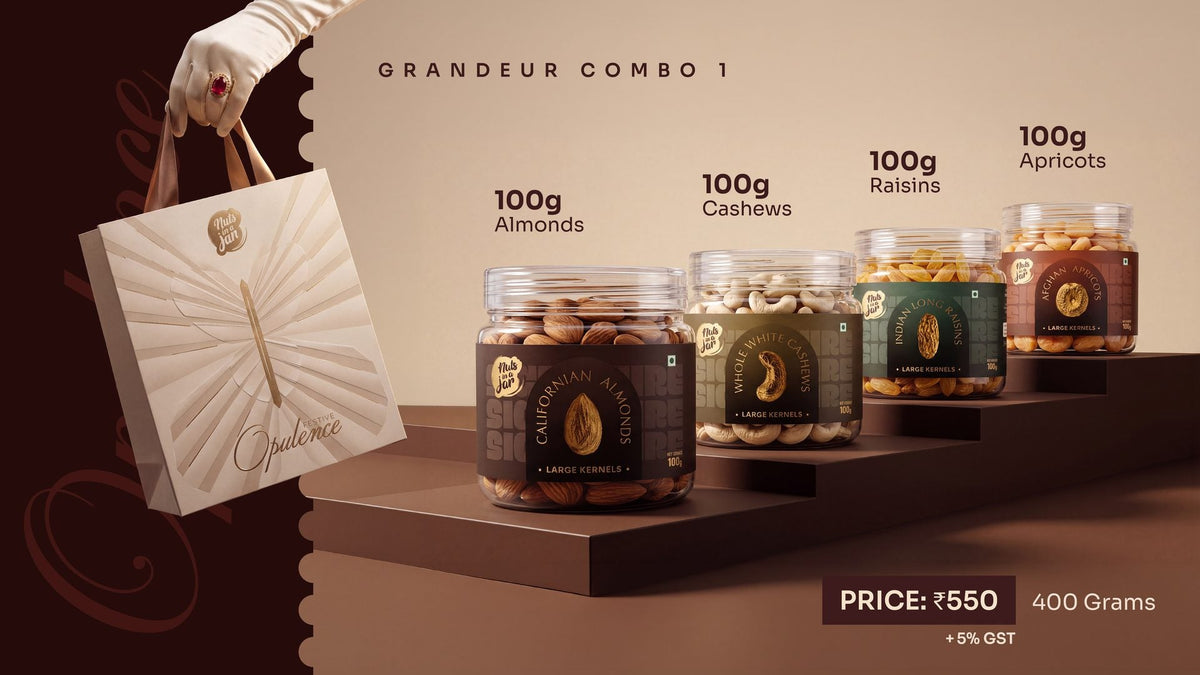 Grandeur Combo 1 — four 100 g jars beside the Opulence gift bag
