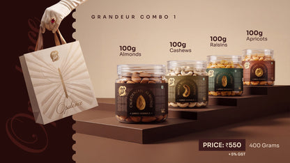 Grandeur Combo 1 — four 100 g jars beside the Opulence gift bag