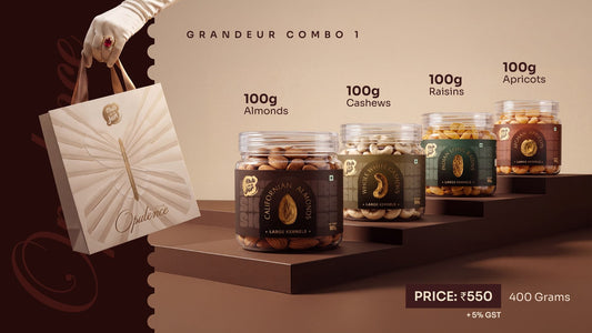 Grandeur Combo 1 — four 100 g jars beside the Opulence gift bag
