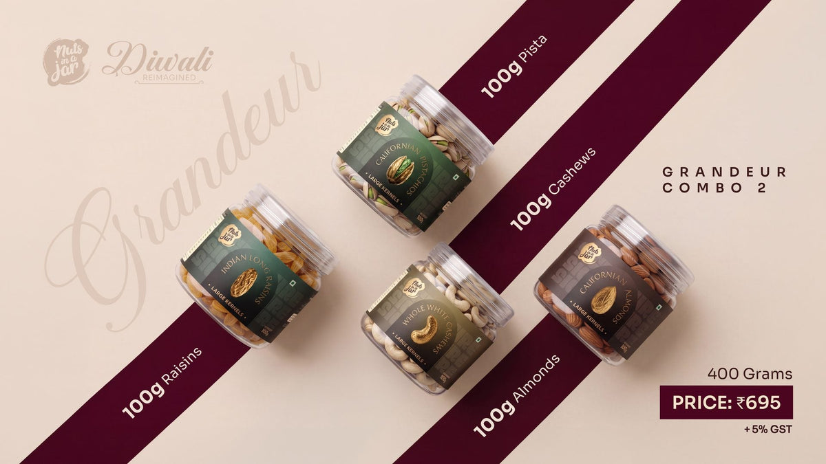 Grandeur Combo 2 — pista, cashew, raisin and almond jars on maroon ribbons