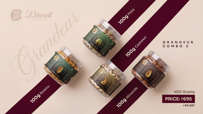 Grandeur Combo 2 — pista, cashew, raisin and almond jars on maroon ribbons