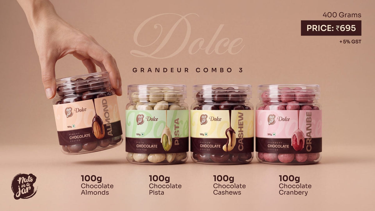 Grandeur Combo 3 Dolce — chocolate-coated almond, pista, cashew and cranberry jars