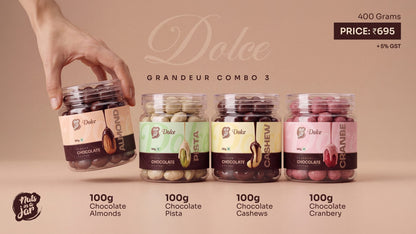 Grandeur Combo 3 Dolce — chocolate-coated almond, pista, cashew and cranberry jars