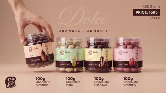 Grandeur Combo 3 Dolce — chocolate-coated almond, pista, cashew and cranberry jars