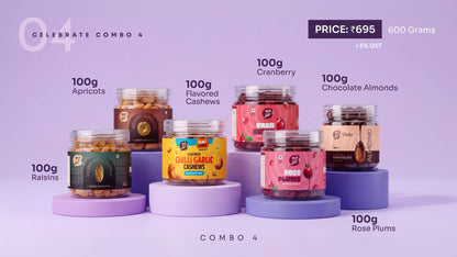 Celebrate Combo 4 — six jars with flavoured cashews and chocolate almonds